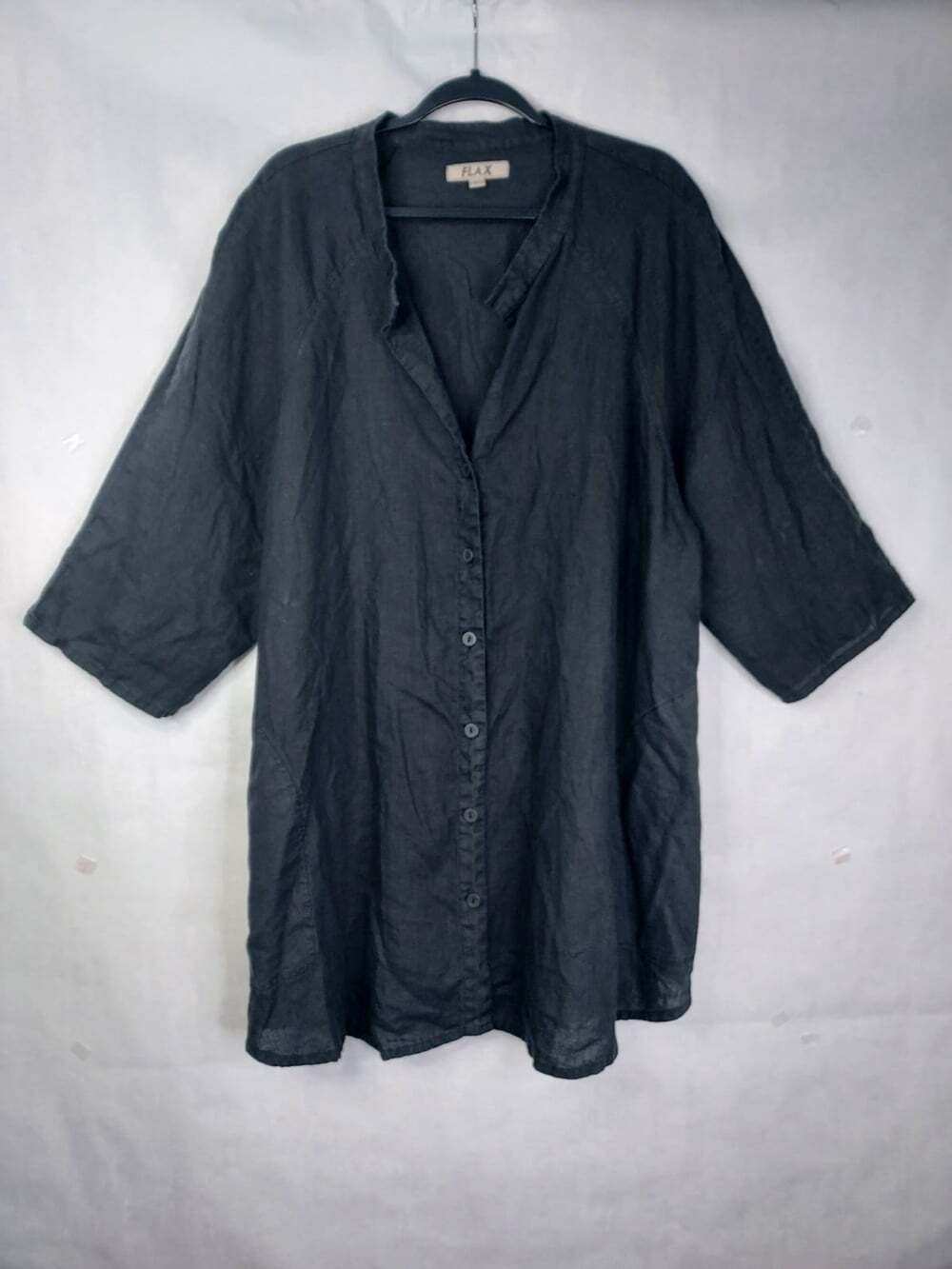 Flax 100% Linen Tunic Top L Black Button Up Pockets Boho Lagenlook Lagom Artsy
